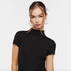 Black Mock Neck Short Sleeve Top with Ruched lace up sides NWOT